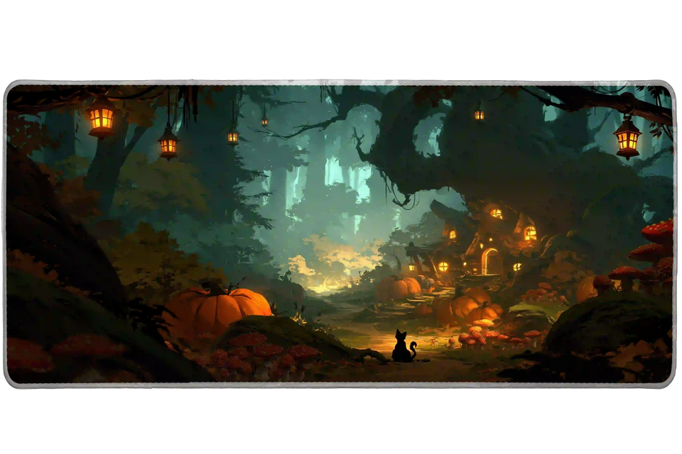 Enchanted forest desk mat with orange pumpkins, red mushrooms, warm lanterns, a woodland cottage and a black cat