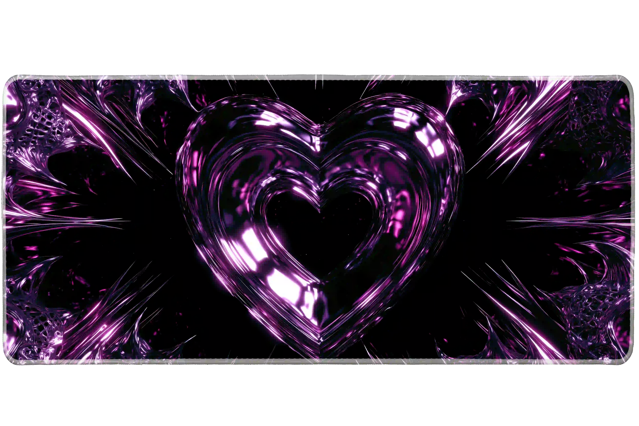 Complete pink and purple chrome heart Y2K artwork printed across a large keyboard and mouse mat