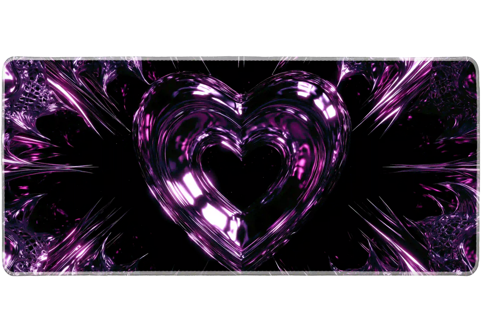 Complete pink and purple chrome heart Y2K artwork printed across a large keyboard and mouse mat