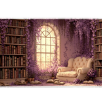 Purple Library Desk Mat | Vintage Reading Nook artwork on an extended desk mat with purple library design