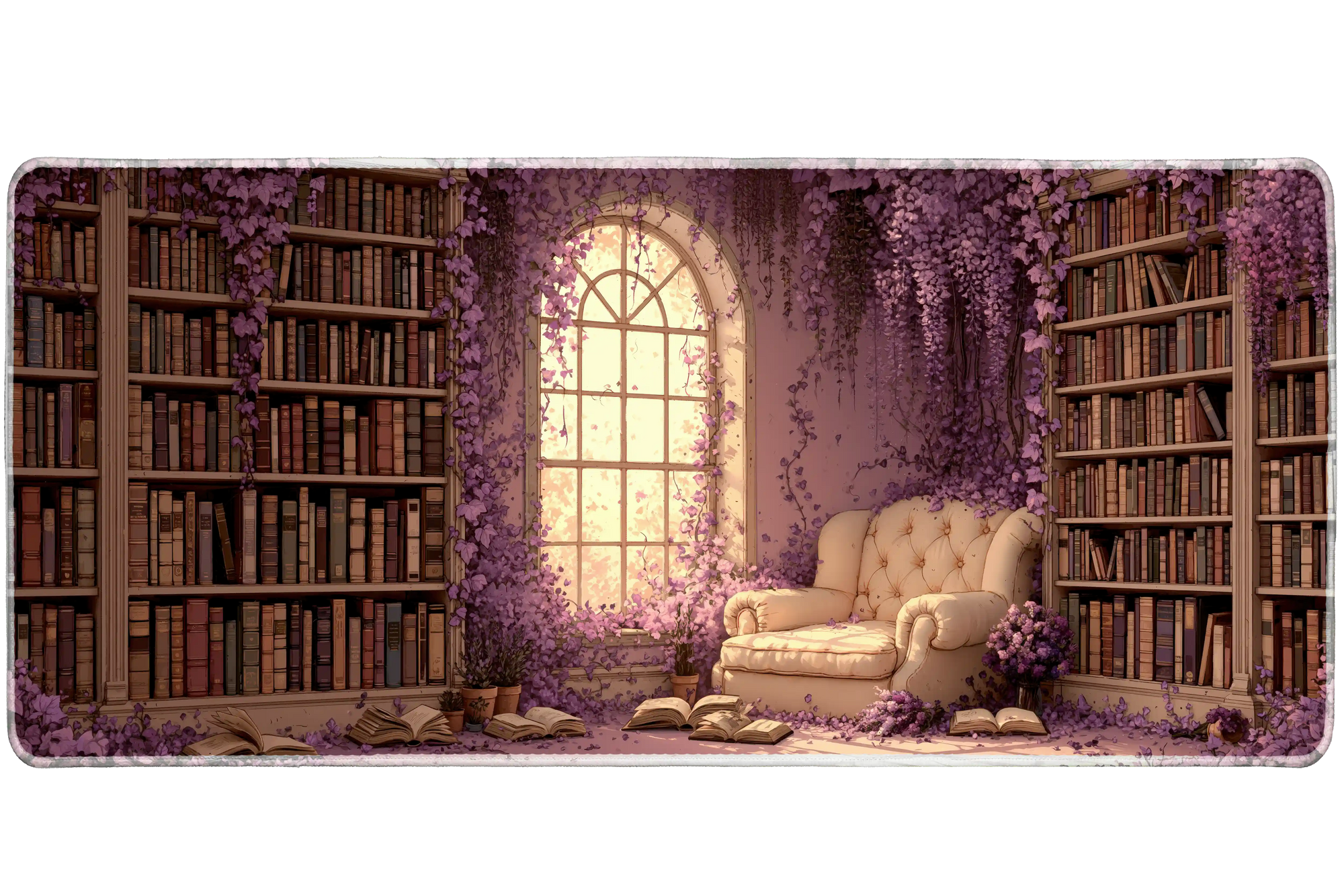 Purple Library Desk Mat | Vintage Reading Nook artwork on an extended desk mat with purple library design