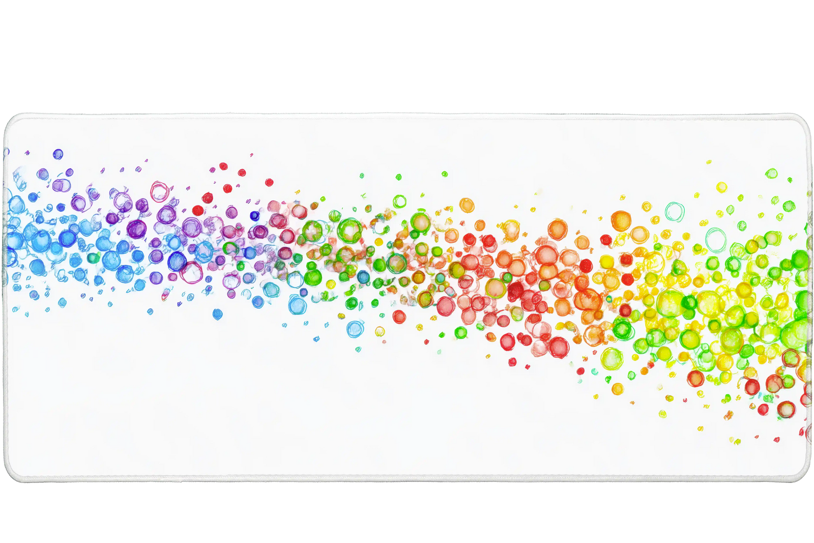 Colorful 90x40cm desk mat with rainbow bubble art on white background – Print My Pad