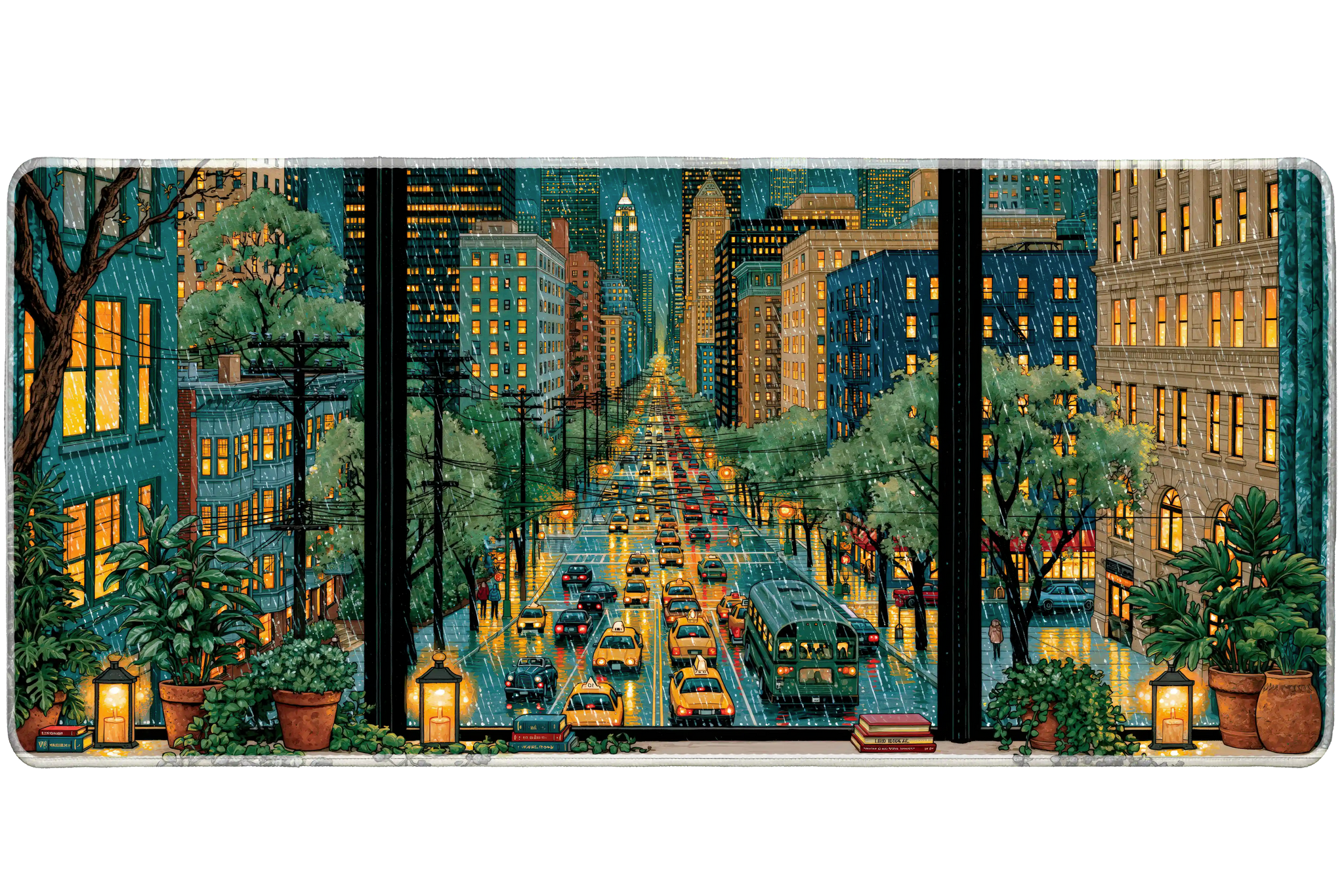 Rainy City Window Desk Mat | Cozy Night Lights artwork on an extended desk mat with rainy city window design