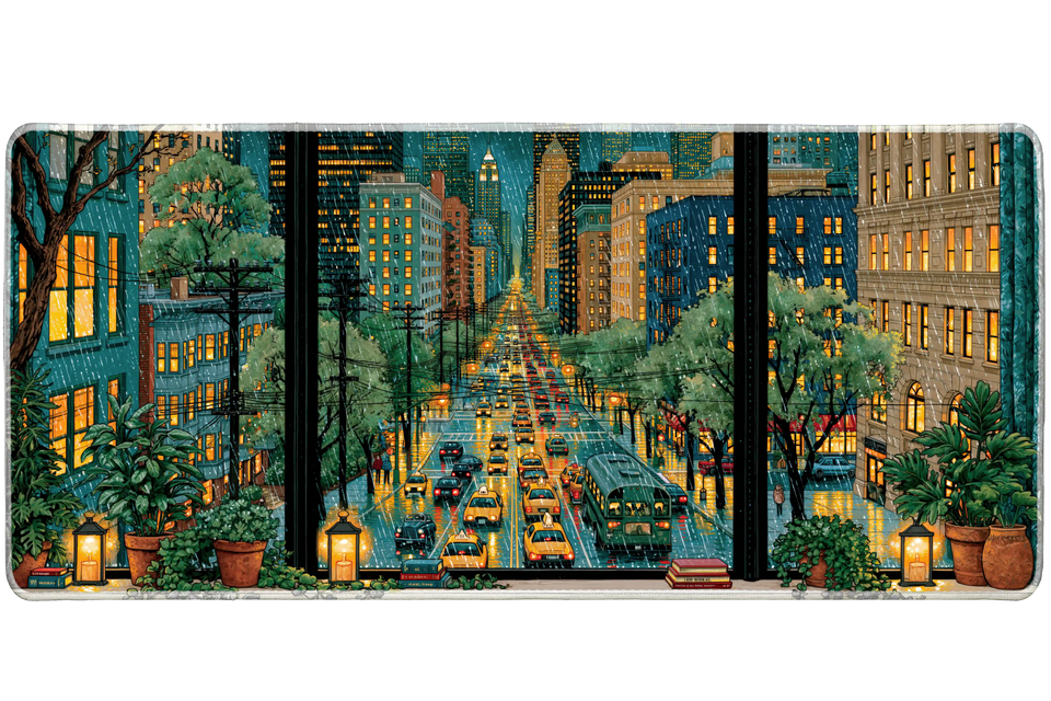 Rainy City Window Desk Mat | Cozy Night Lights artwork on an extended desk mat with rainy city window design