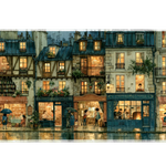Rainy Paris Street Desk Mat | Warm Cafe Windows artwork on an extended desk mat with rainy paris street design