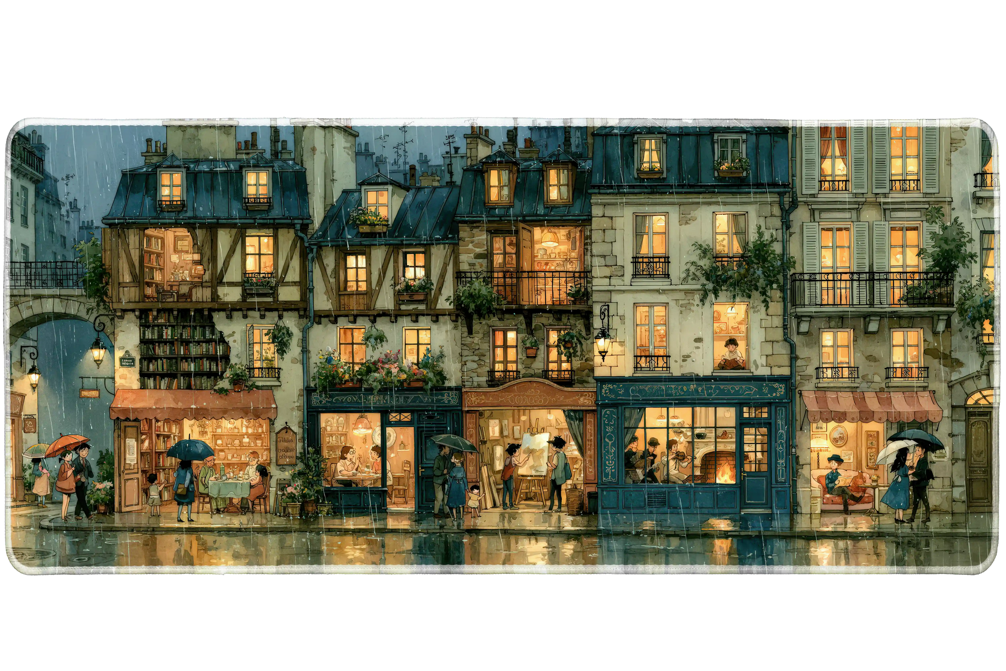 Rainy Paris Street Desk Mat | Warm Cafe Windows artwork on an extended desk mat with rainy paris street design