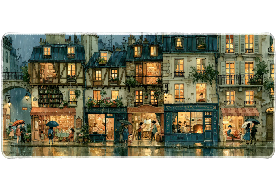 Rainy Paris Street Desk Mat | Warm Cafe Windows artwork on an extended desk mat with rainy paris street design