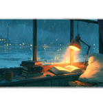 Rainy Reading Window Desk Mat | Cozy Lamp artwork on an extended desk mat with rainy reading window design