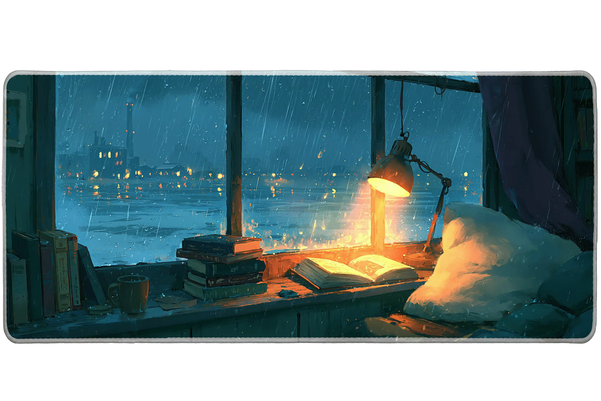 Rainy Reading Window Desk Mat | Cozy Lamp artwork on an extended desk mat with rainy reading window design
