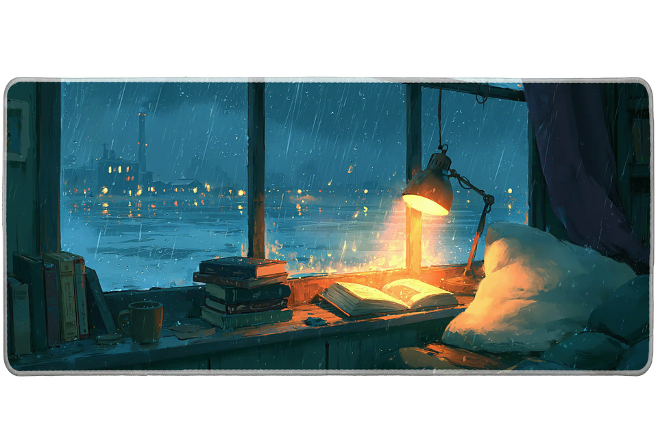 Rainy Reading Window Desk Mat | Cozy Lamp artwork on an extended desk mat with rainy reading window design