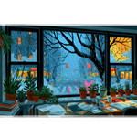 Rainy Study Desk Mat | City Window Plant Nook artwork on an extended desk mat with rainy study design