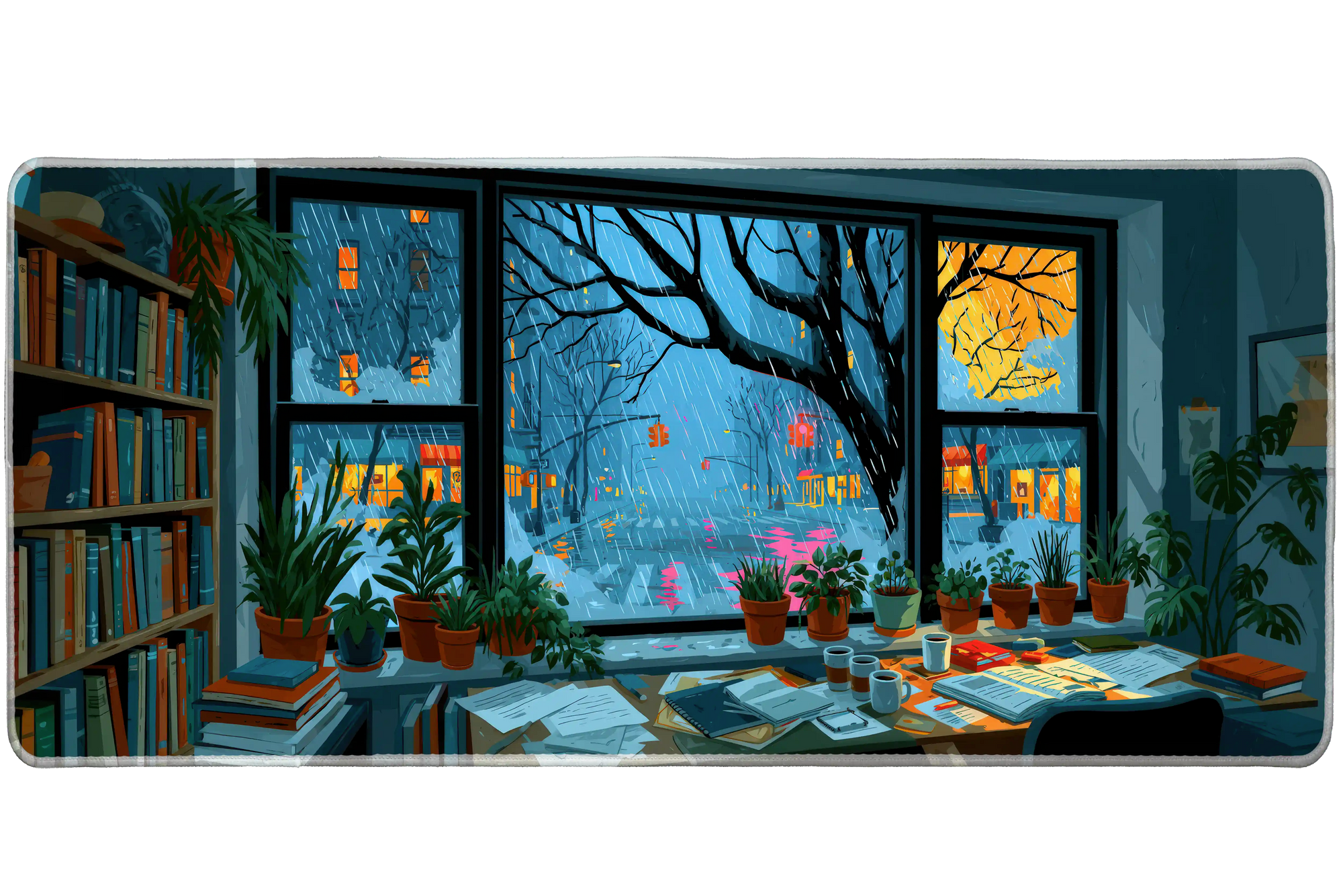 Rainy Study Desk Mat | City Window Plant Nook artwork on an extended desk mat with rainy study design