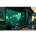 Japanese Tea House Desk Mat | Rainy Garden View artwork on an extended desk mat with japanese tea house design