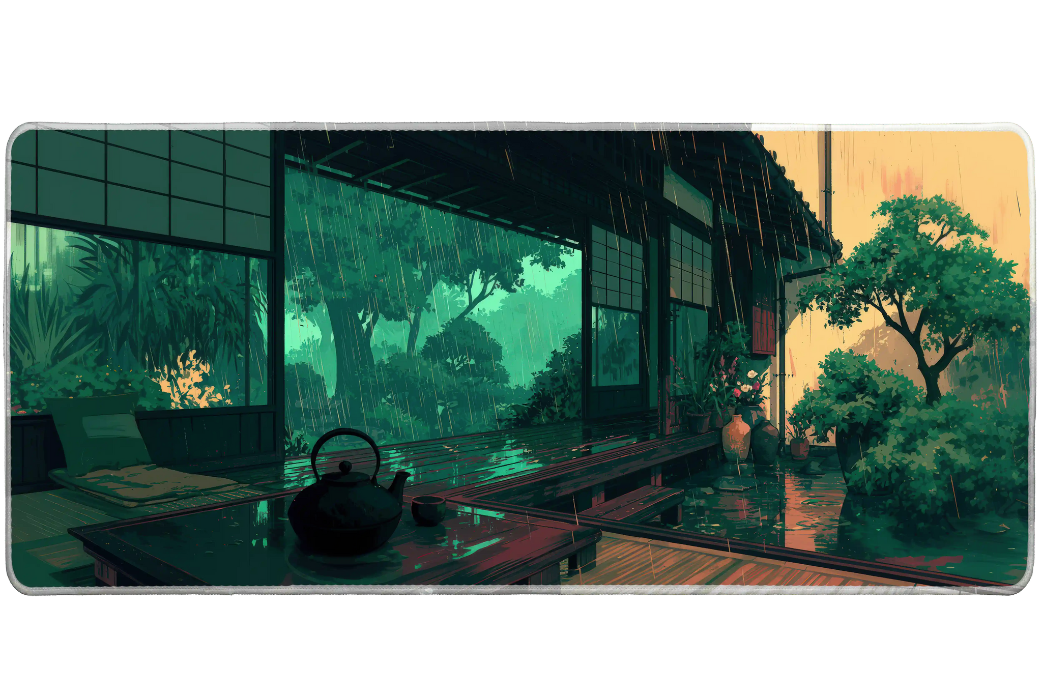 Japanese Tea House Desk Mat | Rainy Garden View artwork on an extended desk mat with japanese tea house design