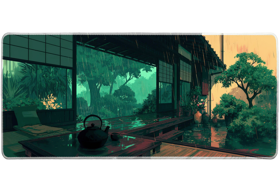 Japanese Tea House Desk Mat | Rainy Garden View artwork on an extended desk mat with japanese tea house design