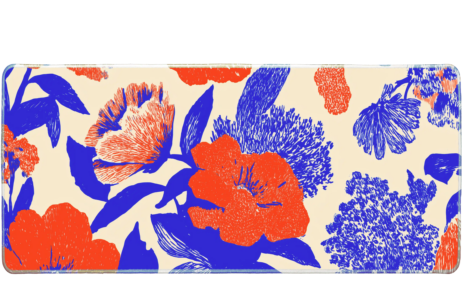 Abstract floral 90x40cm desk mat in red and blue tones, smooth surface – Print My Pad