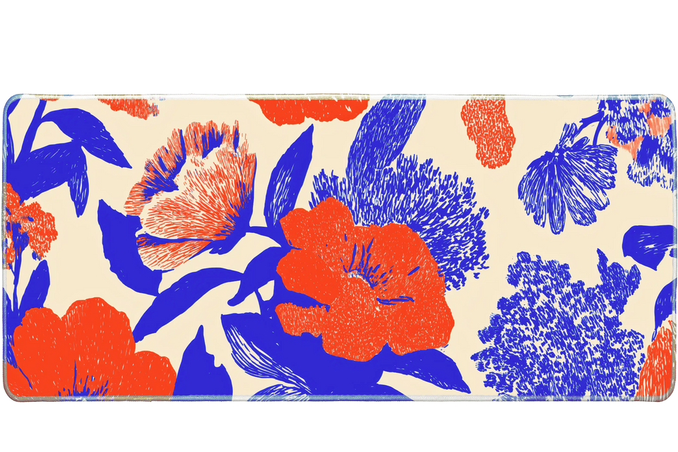 Abstract floral 90x40cm desk mat in red and blue tones, smooth surface – Print My Pad