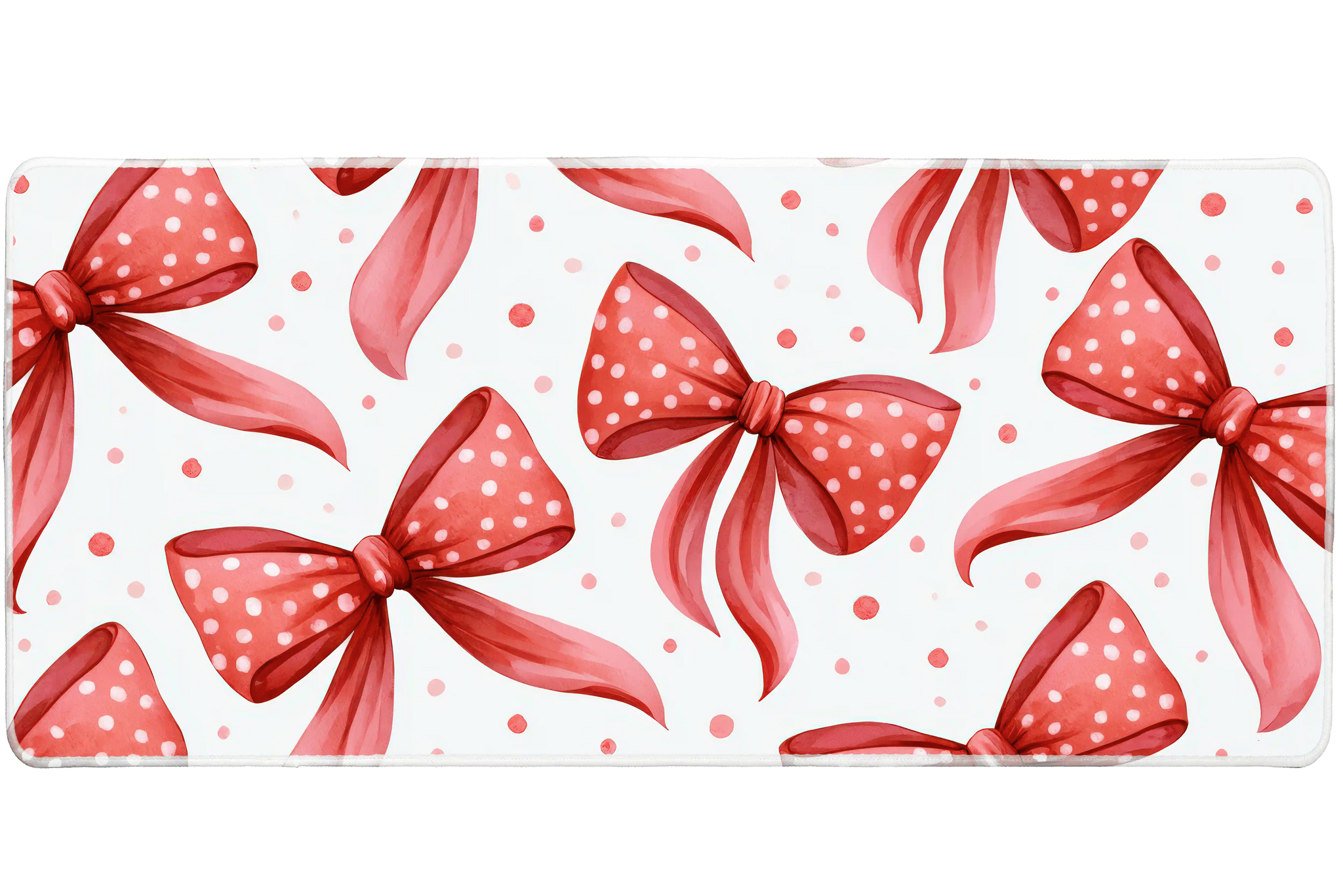 Red Bow Pattern Polka Dot Ribbon desk mat with watercolor bows, polka dots, and soft scattered accents