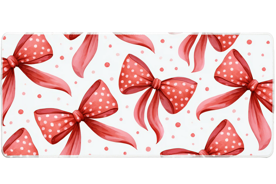 Red Bow Pattern Polka Dot Ribbon desk mat with watercolor bows, polka dots, and soft scattered accents