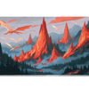 Overhead White Dragon Mountain desk mat view with white dragons soaring above crimson peaks, mist and evergreens