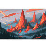 Overhead White Dragon Mountain desk mat view with white dragons soaring above crimson peaks, mist and evergreens