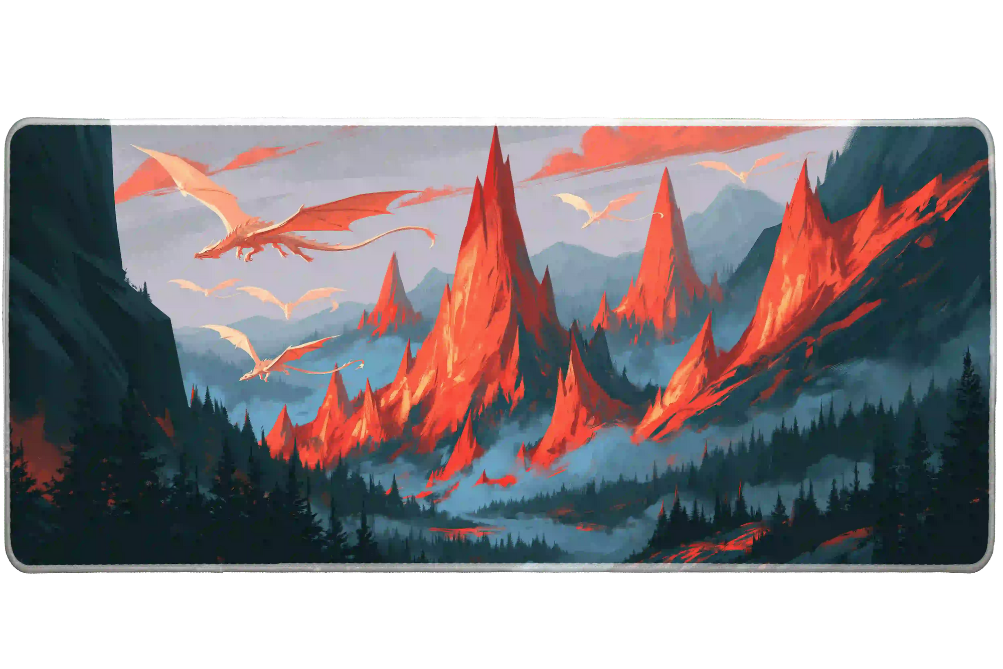 Overhead White Dragon Mountain desk mat view with white dragons soaring above crimson peaks, mist and evergreens