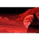 Red moon gothic castle desk mat with a black fortress, flying bats and sweeping crimson clouds