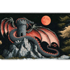 Dark fantasy desk mat with a red-winged dragon around a gray stone tower, a red moon, pale rocks and twisted trees