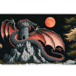 Dark fantasy desk mat with a red-winged dragon around a gray stone tower, a red moon, pale rocks and twisted trees