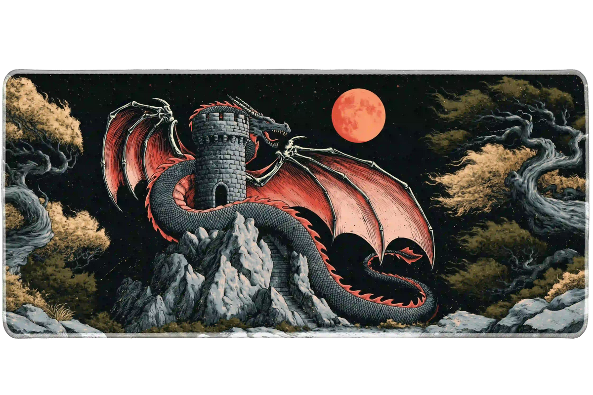 Dark fantasy desk mat with a red-winged dragon around a gray stone tower, a red moon, pale rocks and twisted trees