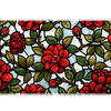 Red rose stained glass style desk mat with green leaves, brown vines and black outlines over pale blue and white