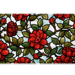 Red rose stained glass style desk mat with green leaves, brown vines and black outlines over pale blue and white