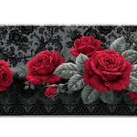 Red Rose Gothic Dark Floral Pattern desk mat with bold crimson roses, grey leaves, and a dark vintage