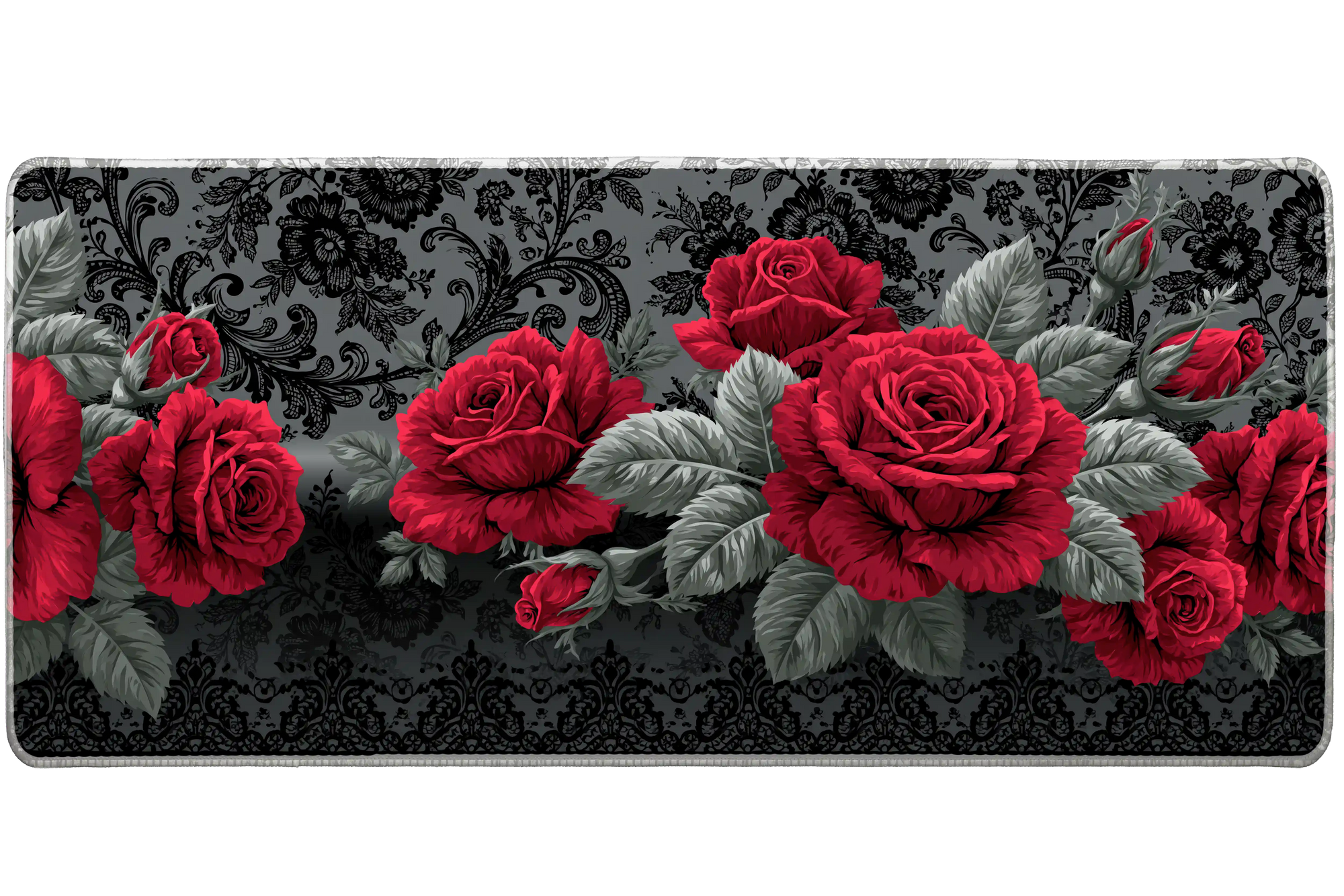 Red Rose Gothic Dark Floral Pattern desk mat with bold crimson roses, grey leaves, and a dark vintage