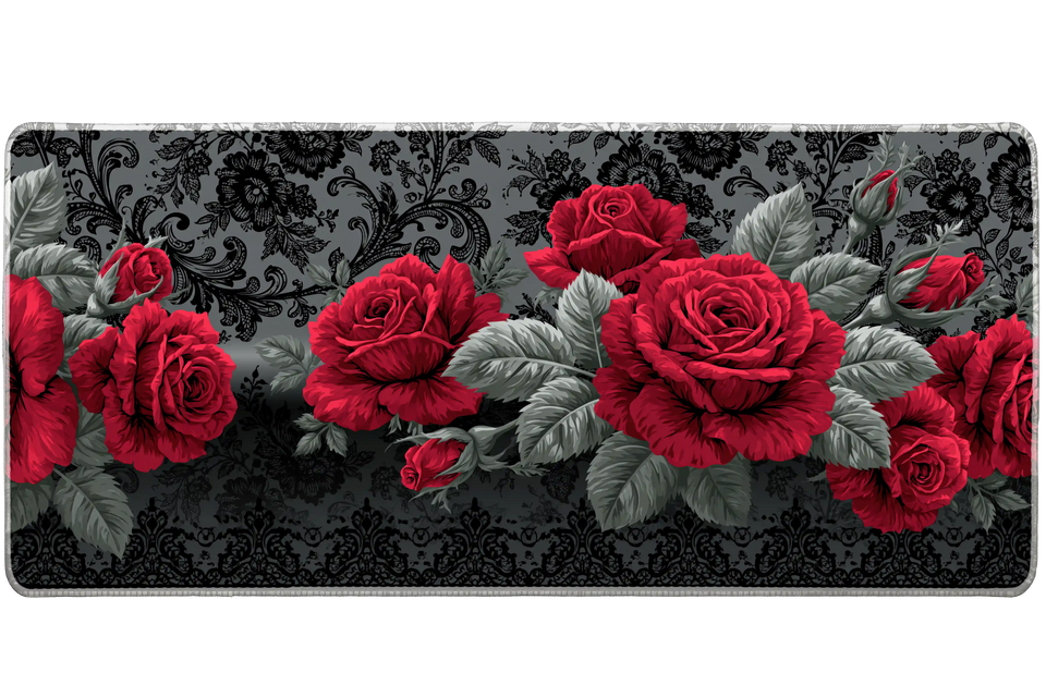 Red Rose Gothic Dark Floral Pattern desk mat with bold crimson roses, grey leaves, and a dark vintage