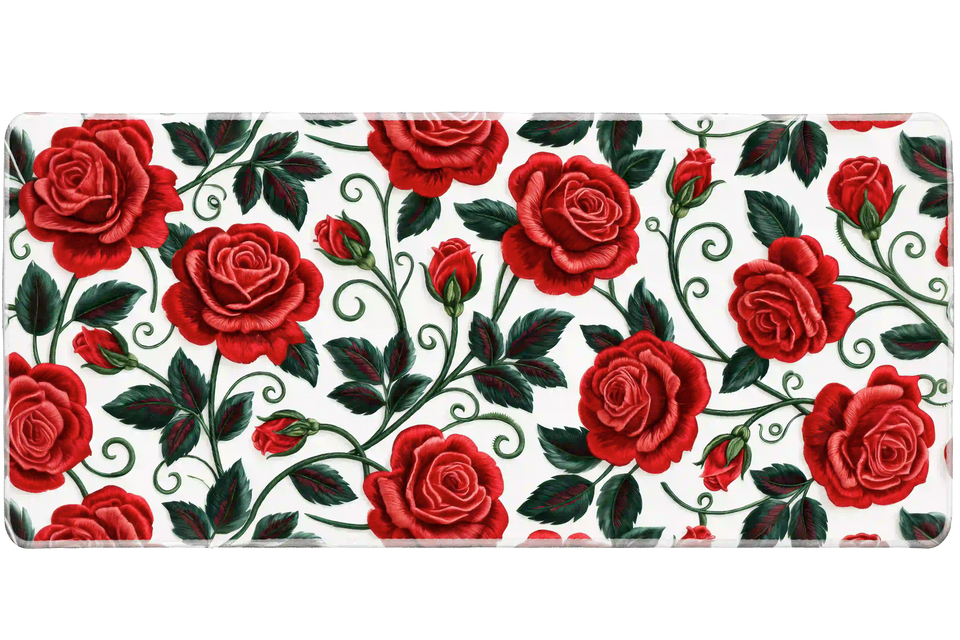 Red Rose Embroidery desk mat artwork in a wide product view