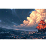 Wide view of the Red Sailing Ship desk mat featuring crimson sails crossing a deep blue ocean beneath bright clouds