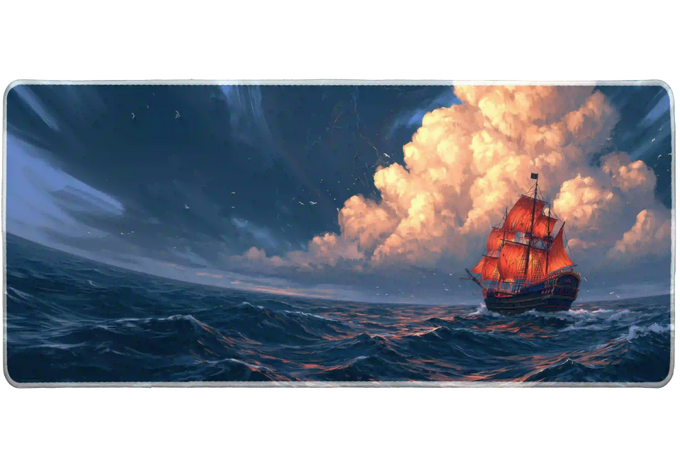 Wide view of the Red Sailing Ship desk mat featuring crimson sails crossing a deep blue ocean beneath bright clouds