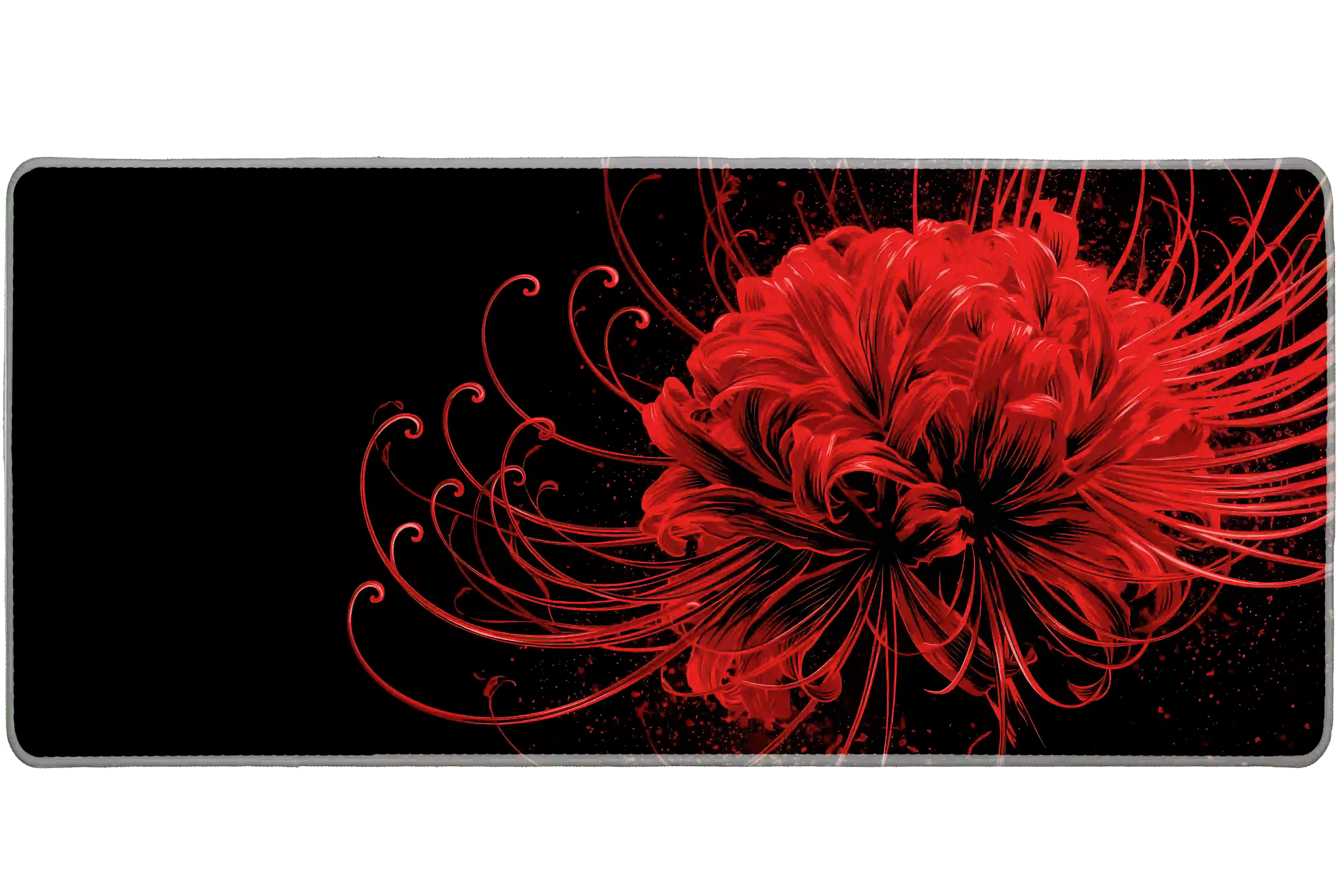 Full-width Red Spider Lily desk mat showing a crimson spider lily with curling stamens on deep black