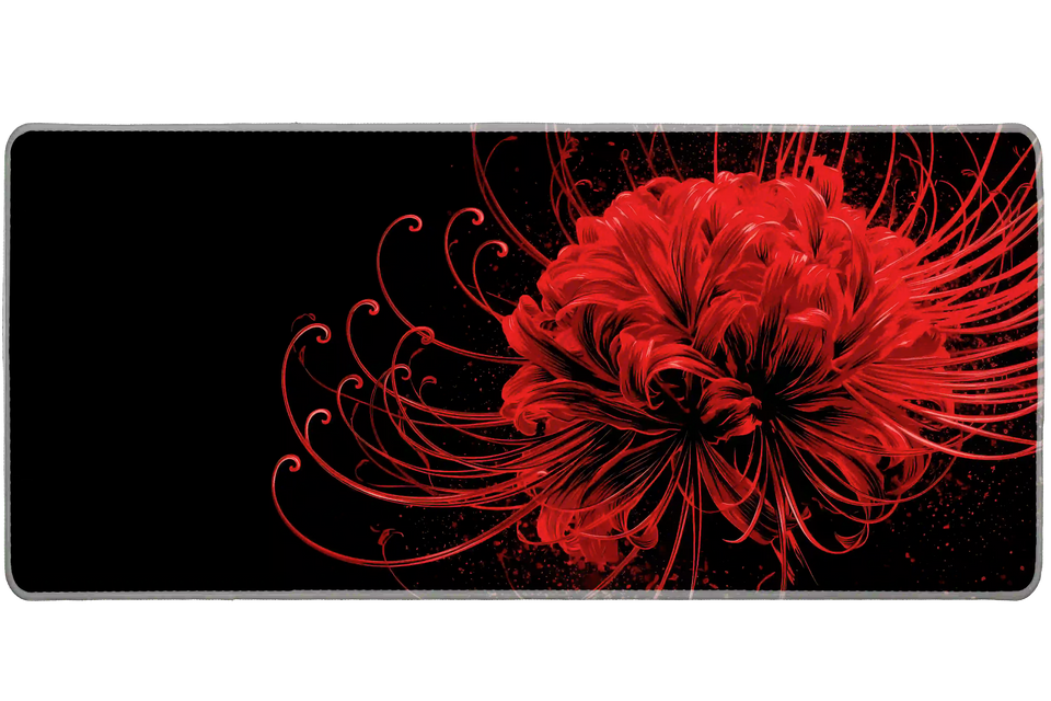 Full-width Red Spider Lily desk mat showing a crimson spider lily with curling stamens on deep black