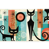 Wide Mid Century Cat desk mat with stylized black cats, atomic starbursts and geometric shapes