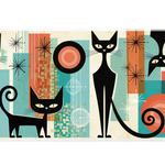 Wide Mid Century Cat desk mat with stylized black cats, atomic starbursts and geometric shapes