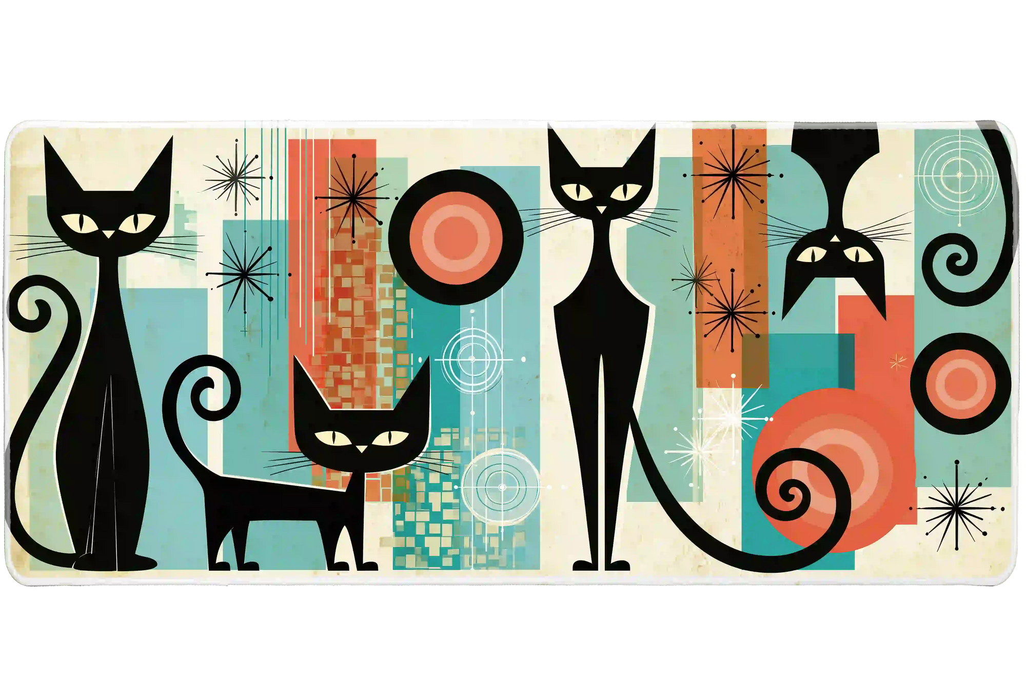 Wide Mid Century Cat desk mat with stylized black cats, atomic starbursts and geometric shapes