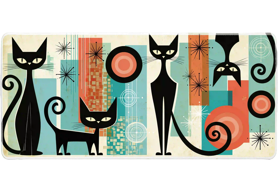 Wide Mid Century Cat desk mat with stylized black cats, atomic starbursts and geometric shapes