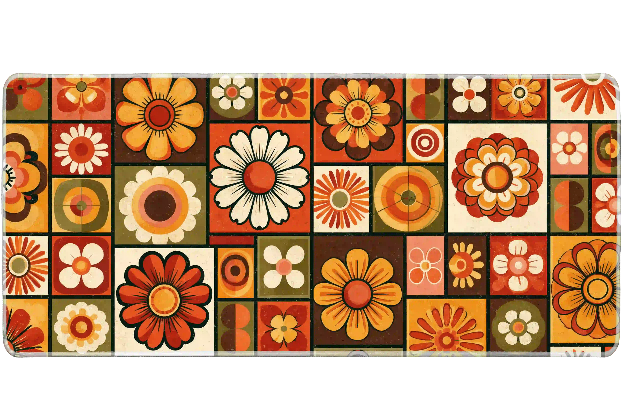 Retro 70s Floral desk mat artwork in a wide product view