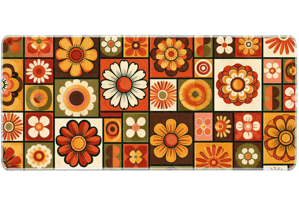 Retro 70s Floral desk mat artwork in a wide product view