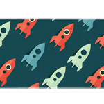 Full-width Retro Rocket Pattern desk mat showing playful vintage rockets on a deep teal background