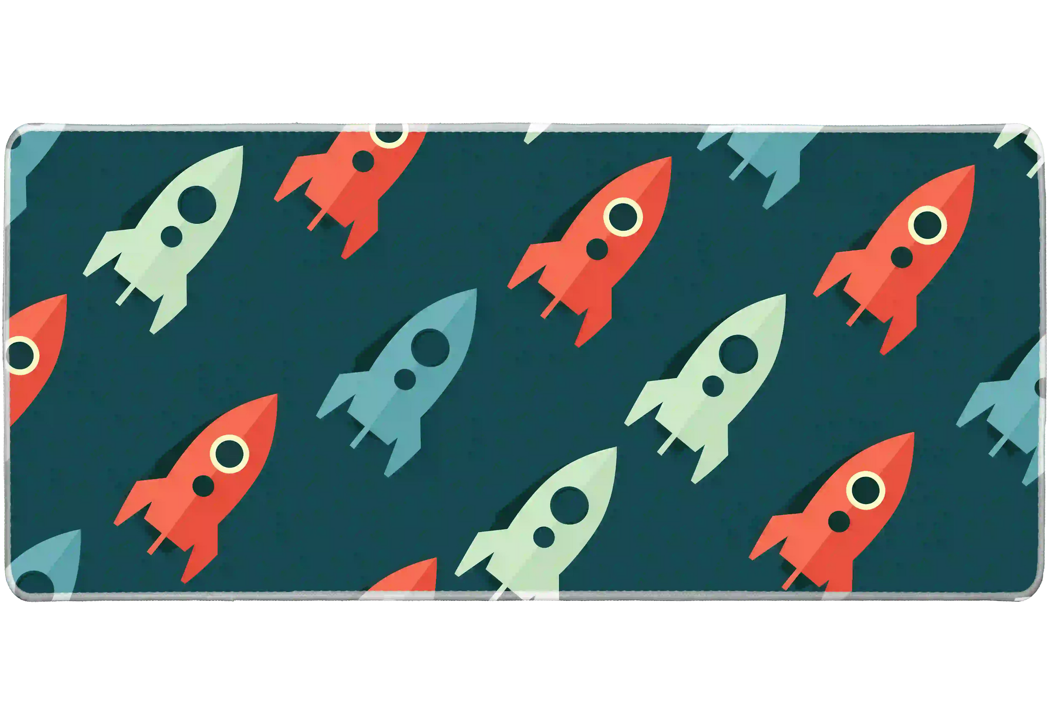 Full-width Retro Rocket Pattern desk mat showing playful vintage rockets on a deep teal background