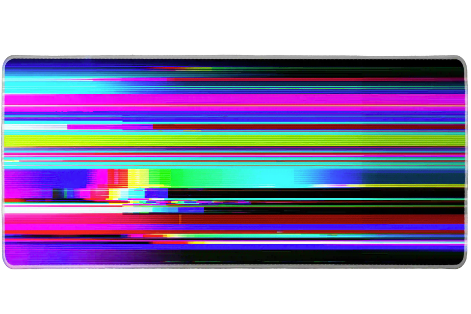 Wide RGB Glitch desk mat with neon scanlines, digital interference and distorted color bars