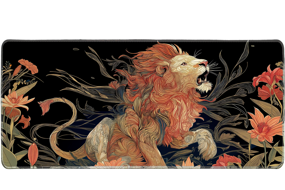 Roaring Lion Floral Desk – Artistic Wildlife desk mat and mouse pad by PrintMyPad